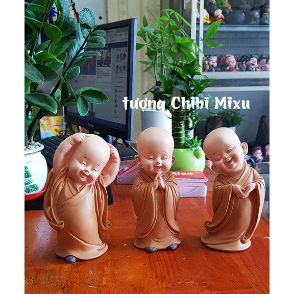 Bộ 03 tượng chú tiểu an nhiên áo nâu